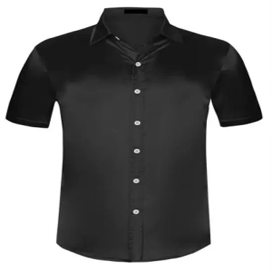 Lars Amadeus Men's Summer Short Sleeve Point Collar Button Down Satin Shirts image {5}