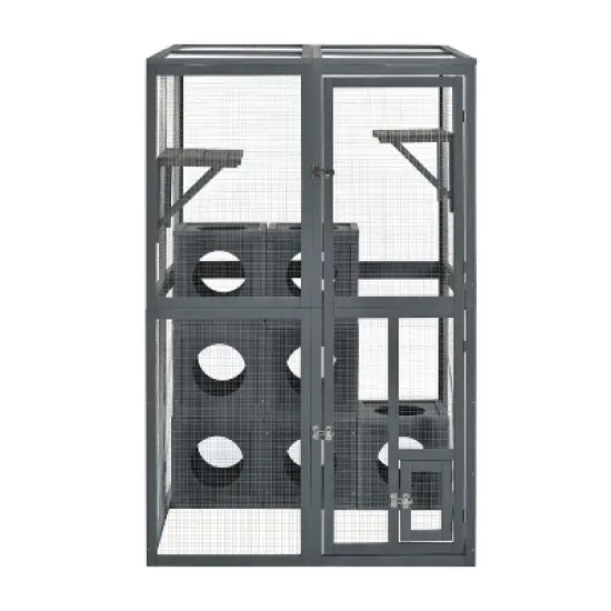 Catio Outdoor Cat Enclosure, 68.9"H Wooden Cat Playen Catio with 2 Jumping Platforms & 7 Napping Houses, Feral Animal Shelter for Multiple Cat image {5}