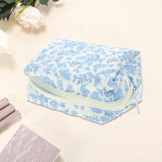 Unique Bargains Floral Quilting Makeup Bag Blue White 1 Pc image {2}