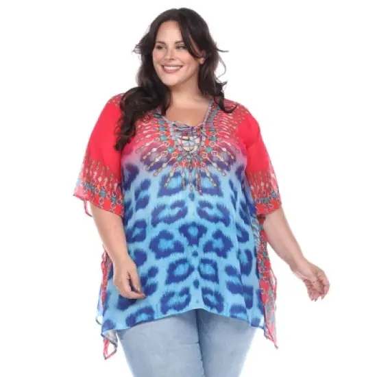 Plus Size Animal Print Caftan with Tie-up Neckline - One Size Fits Most Plus - White Mark image {7}