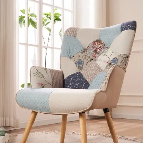 FERPIT Patchwork Upholstered Wingback Accent Chair with Rubberwood Legs image {2}