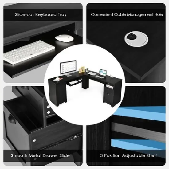 Costway L-Shaped Corner Computer Desk Writing Table Study Workstation w/ Drawers Storage Black image {8}