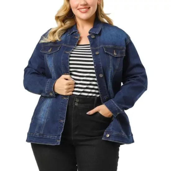 Agnes Orinda Women's Plus Size Outerwear Button Front Washed Denim Jean Jacket image {6}