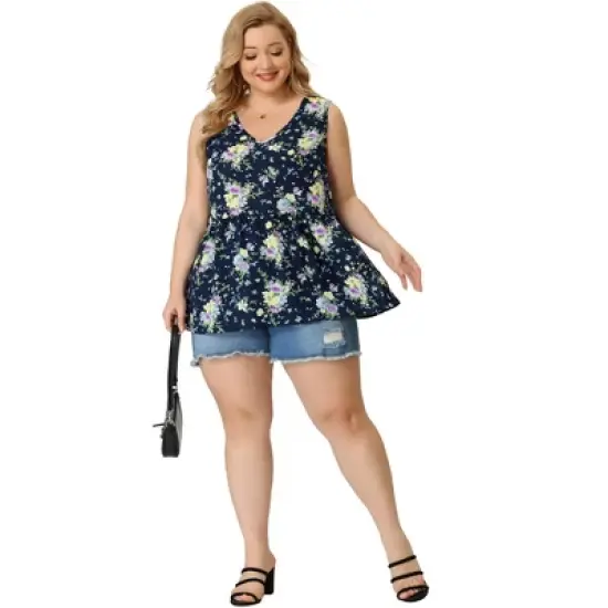 Agnes Orinda Women's Plus Size V Neck Sleeveless Flare Floral Peplum Tank Tops image {2}