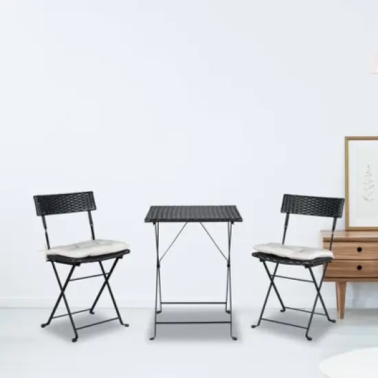 3pc Wicker Folding Outdoor Bistro Set with Cushions - Black/Beige - GODEER image {2}