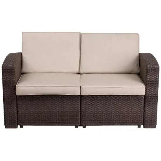 Flash Furniture Chocolate Brown Faux Rattan Loveseat with All-Weather Beige Cushions image {7}