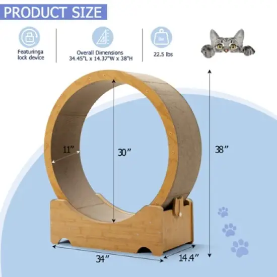 FURNIinspire Pet Tower Cat Exercise Wheel, Wooden Cat Treadmill Lock, Silent Caster, Cat Running Wheel for Indoor Kittens, Brown, 34"*14.4"*38" image {1}