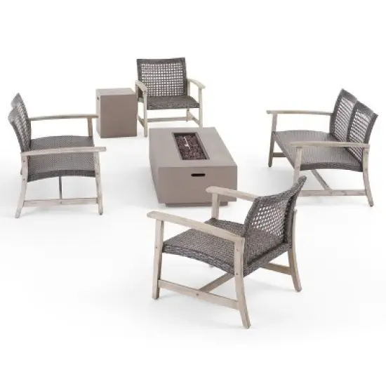 Christopher Knight Home Augusta Outdoor Acacia Wood and Wicker 6 Seater Chat Set with Fire Pit image {13}