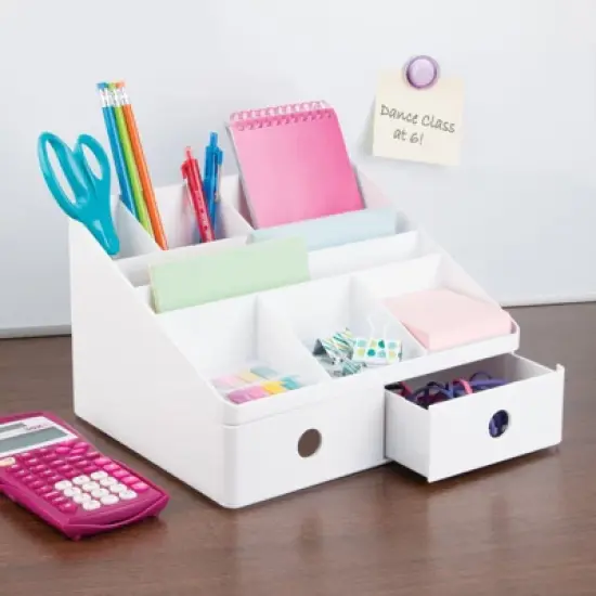 mDesign Large Plastic Divided Home Office Desk Organizer with 2 Drawers - White image {1}