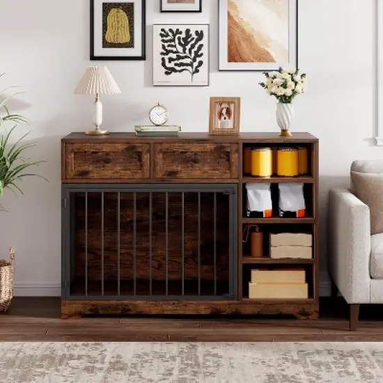 Acekool 47" Farmhouse Dog Crate Furniture with Storage Drawers & Shelves for Large Dogs image {6}