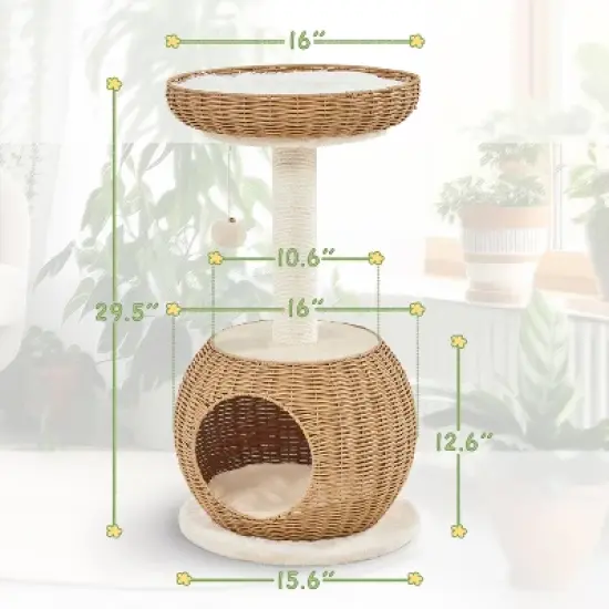 Yaheetech Rattan Cat Tree Cat House with Natural Sisal Scratching 
Post, Beige image {2}