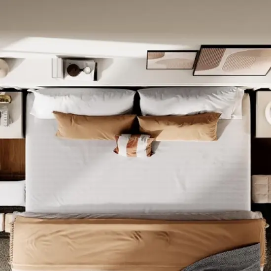 King Bed Frame with 3 Storage Drawers, Fabric Upholstered Platform Bed, Wooden Slats Support, Dark Grey image {8}