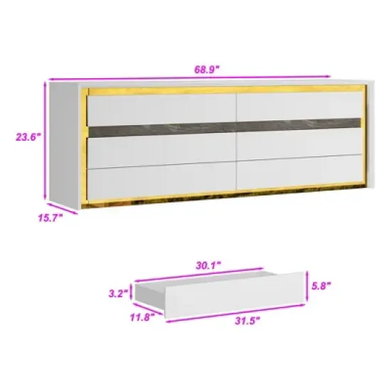 Famapy White Six Drawer Dressers Storage Cabinet Golden Inlaid Contemporary Style image {3}