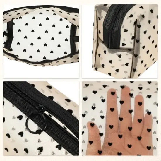 Unique Bargains Nylon Heart Shape Print Mesh Clear Makeup Bags 3 Pcs image {3}