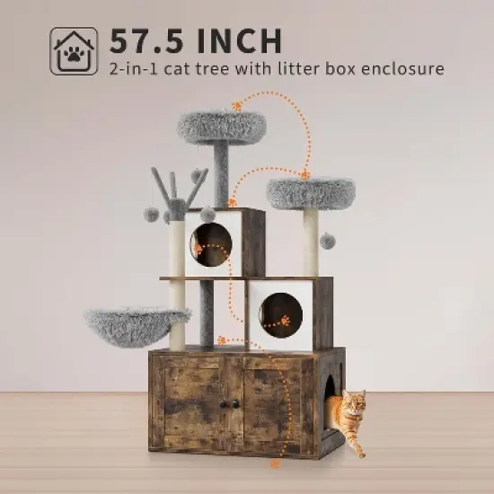 Hidden Litter Box Enclosure with Large Cat Tree 57.5 Inch 2-in-1 Modern Multi-Level Pussy Tower Condo Toilet Furniture image {2}