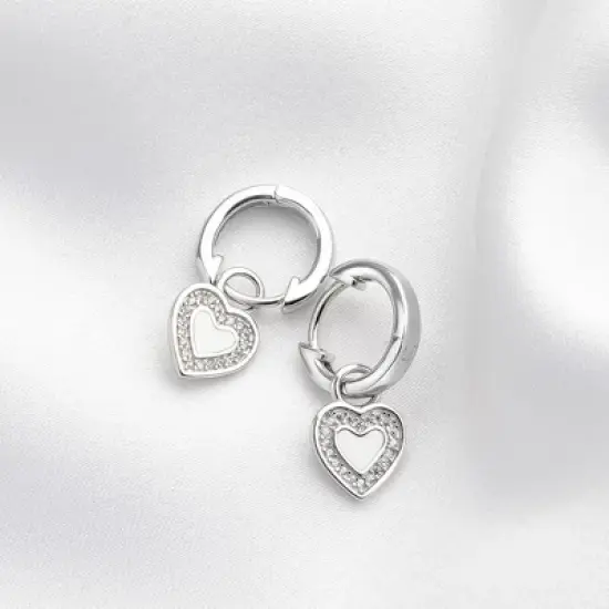 Girl's CZ Heart Dangle Huggie Hoop Sterling Silver Earrings - In Season Jewelry image {3}