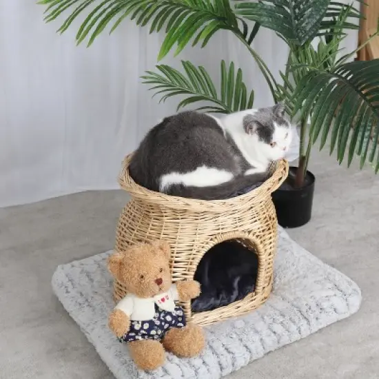 Artloge Double Handwoven Rattan Elevated Cat Bed Dome Wicker Pet Basket Elevated Pet Condo Indoor with Soft Cushions for Multiple Kittens image {7}