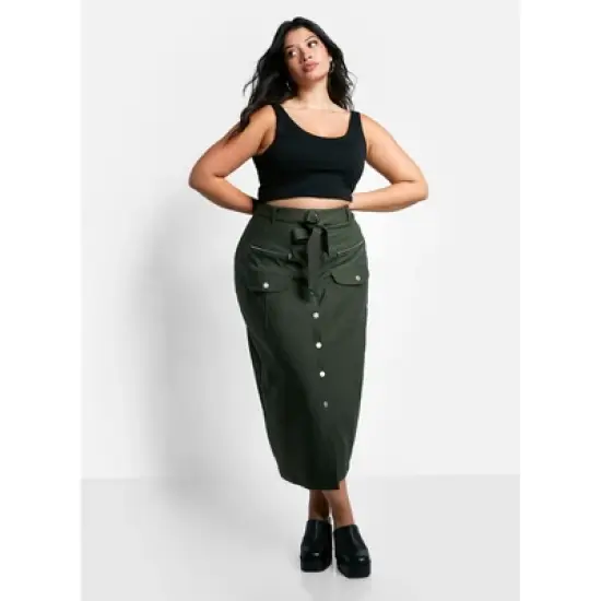 Rebdolls Women's Sierra Tie Belt Button Front Cargo Maxi Shift Skirt image {1}