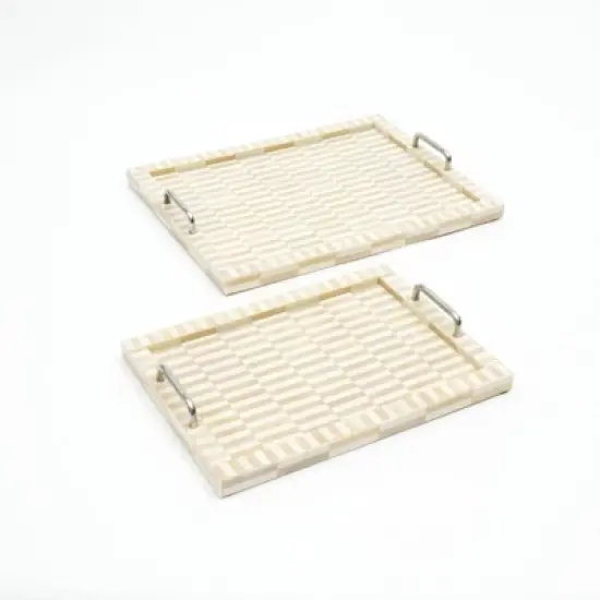SEVOBAL Serving Platters 2 Set Handcrafted Checkered Serving Trays with Elegant Bone and Resin Set with Handles for Dining, Yellow, 18"*14"*2.5" image {5}