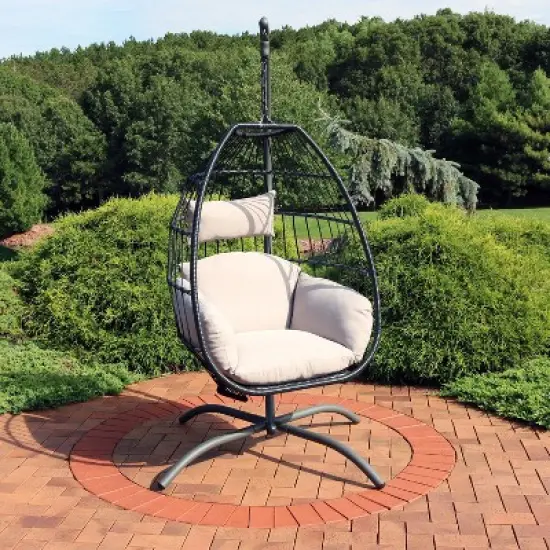 Sunnydaze Outdoor Resin Wicker Patio Oliver Lounge Hanging Basket Egg Chair Swing with Cushions, Headrest, and Steel Stand Set - Gray - 3pc image {1}