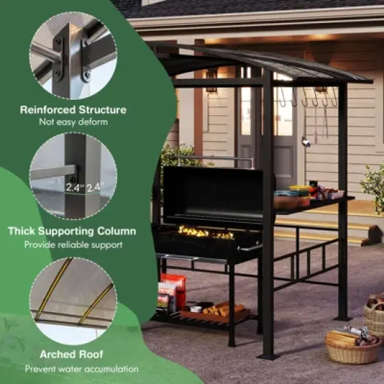 Costway 8' X 5' Hardtop Grill Gazebo with  Vented Polycarbonate Roof Side Shelves Hooks image {9}
