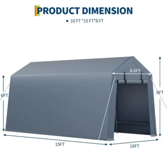 10'*15' Outdoor Storage Shed, Heavy Duty Carport with Roll-Up Door-Waterproof Portable Garage for Motorcycle, Tools, All-Weather Protection.gray image {2}