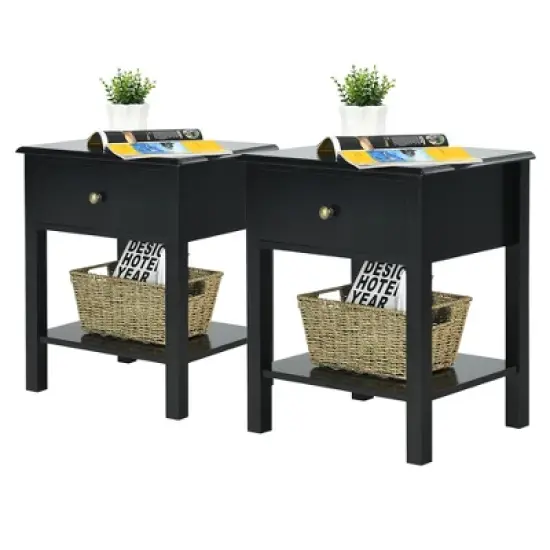 Costway 2PCS Nightstand  Drawer Shelf Storage Display Black image {8}