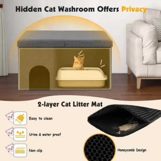 Costway Cat Litter Box Enclosure Hidden Furniture Cat Washroom Shoe Storage Bench Beige/Grey image {4}