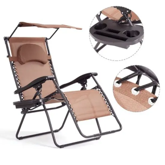 Costway Folding Recliner Zero Gravity Lounge Chair W/ Shade Canopy Cup Holder Brown image {8}