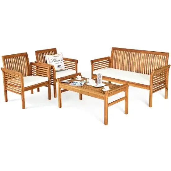 Tangkula 4-Piece Patio Acacia Wood Sofa Set Conversation Table Chairs with Beige Cushions image {9}