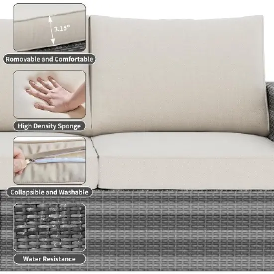 Outdoor Wicker Patio Furniture Sectional Set, Glass Top Table with Hidden Storage, Includes 7 Seating Components, Natural Rattan with Cushions image {6}