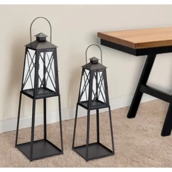 HomeRoots Set of Two Black Distressed Ornate Iron Tabletop Lantern Candle Holders image {1}