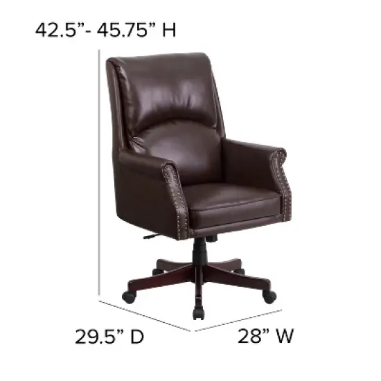Merrick Lane Ergonomic Executive Office Chair with High Pillowed Back & Rolled Arms In Brown Faux Leather with Mahogany Finish Base image {9}
