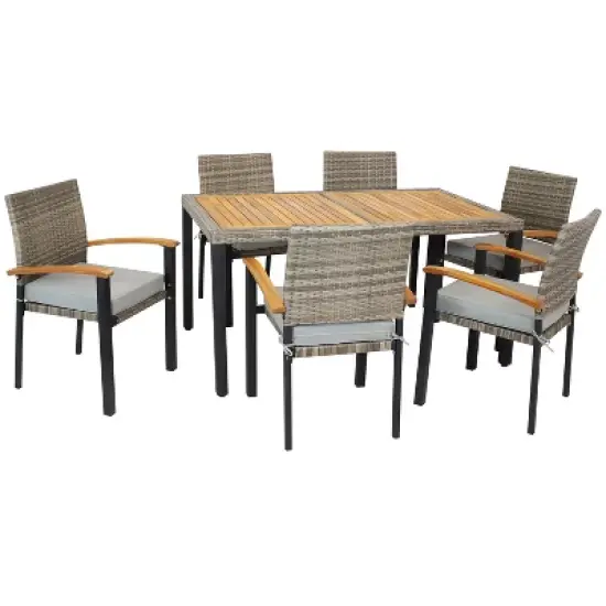 Sunnydaze Outdoor Rattan and Acacia Wood Carlow Patio Dining Set with Table, Chairs, and Seat Cushions - 7pc image {8}