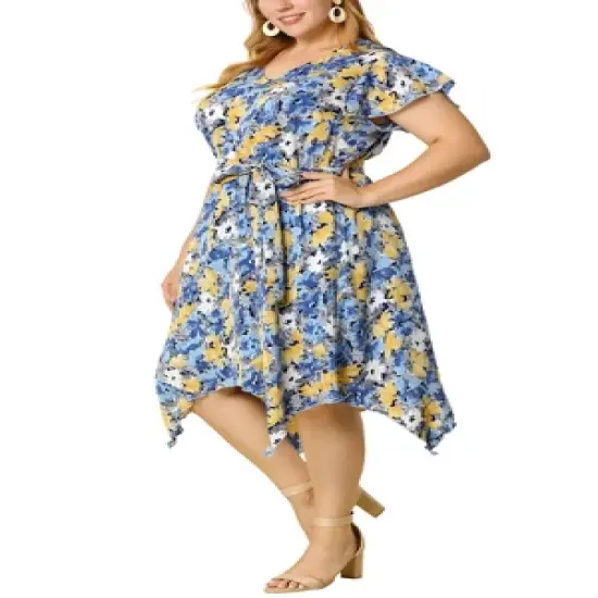 Agnes Orinda Women's Plus Size Floral Belted Ruffled Asymmetrical Hem Midi Dress image {6}