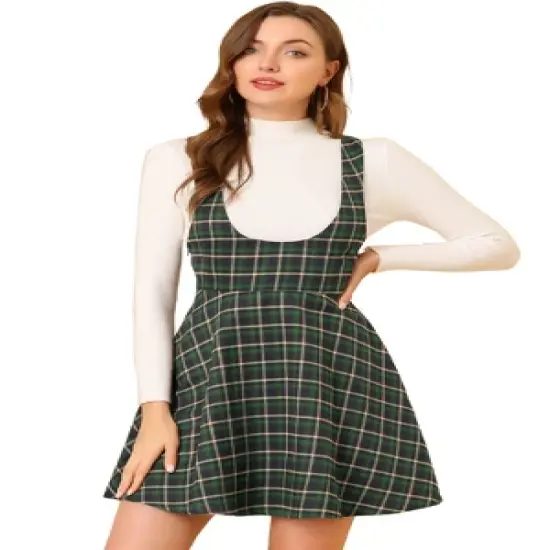 Allegra K Women's Pinafore Overall Tartan Checks Braces A-line Suspender Skirt image {9}