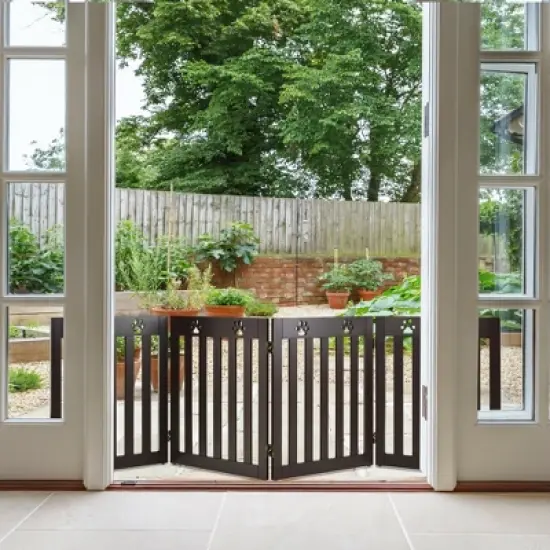 Costway 24'' Folding Wooden Freestanding Pet Gate Dog Gate W/360&deg; Hinge White/Espresso image {2}