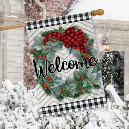 Winter Wreath Welcome House Flag Checkered Patterned 28" x 40" Briarwood Lane image {2}