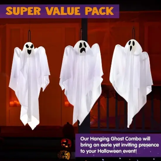 Joyfy 3Pcs Halloween Hanging Ghosts Outdoor Decorations, 27.5in White Flying Ghost Halloween Party Decor for Front Yard Patio Lawn Garden Trees image {2}