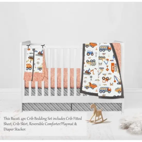 Bacati - Construction Yellow Orange Blue Gray 4 pc Crib Bedding Set with Diaper Caddy image {2}