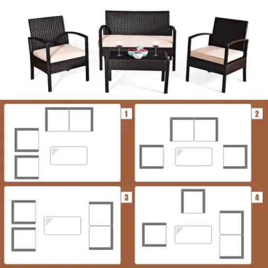 Costway Patio Rattan 4PCS Conversation Furniture Set Cushioned Seat Glass Table image {6}
