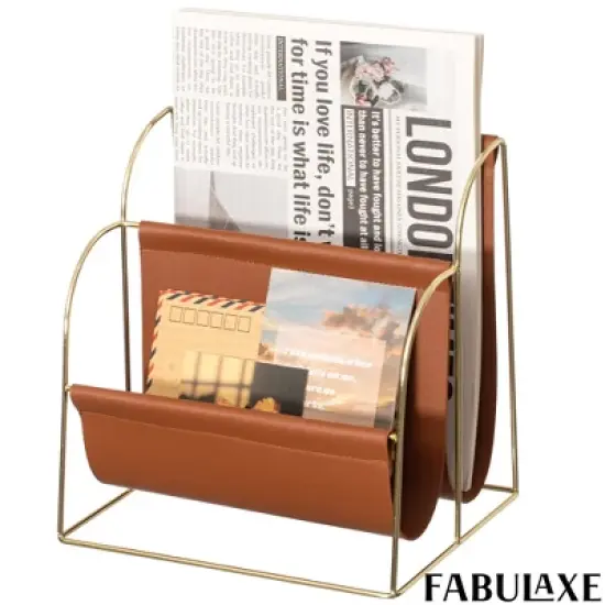 Fabulaxe Gold-Tone Metal Magazine Rack with Brown Faux Leather Sling Freestanding Organizer for Magazines Newspapers & Files image {10}