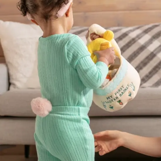 Easter Baby Plush Playset with Easter Basket, Bunny Holding Carrot, Easter Egg, and Squeaky Chicken, Sensory and Decorative Toys for Babies & Newborns image {10}