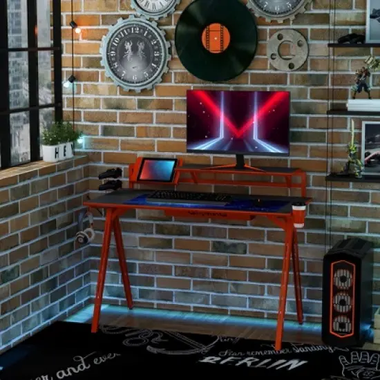 HOMCOM 53" Gaming Desk, Racing Computer Desk with Monitor Shelf, Gamepad Rack, Cup Holder, Headphone Hook, and Cable Basket, Red image {2}