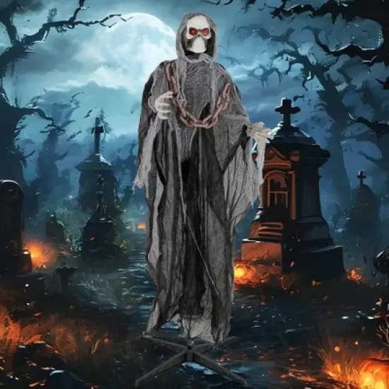 Costway 6.4 FT Standing Grim Reaper Halloween Animatronic Decoration with Light up Eyes image {3}