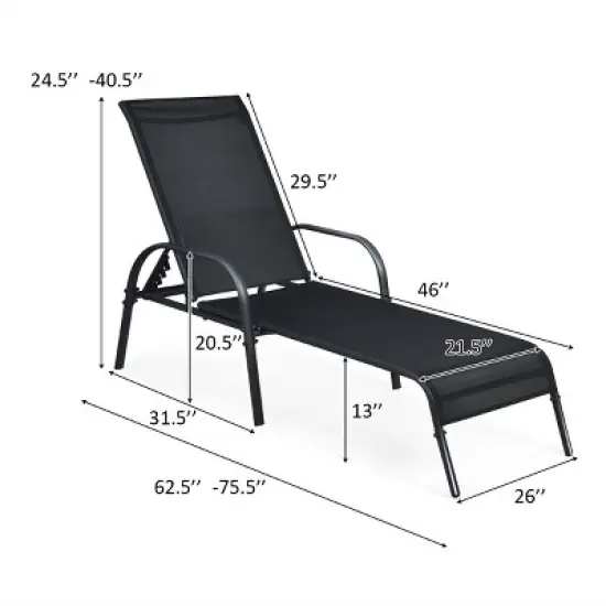 Tangkula Outdoor Chaise Lounge Chair Adjustable Reclining Bed with Backrest& Armrest image {4}