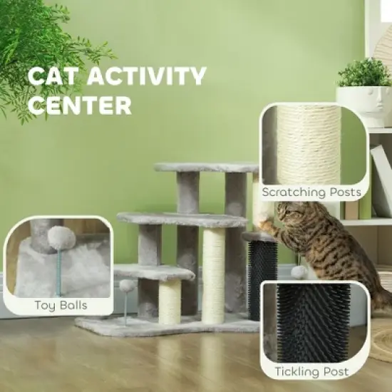 SKYONE 3/4 Step Adjustable Cat Stairs with Condo, Scratching Post & Toy Ball for Bed/Sofa - Gray, image {7}