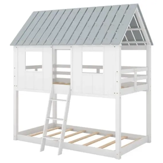 Twin over Twin Low Bunk Beds with House Shaped Roof and Guardrail, White-ModernLuxe image {3}