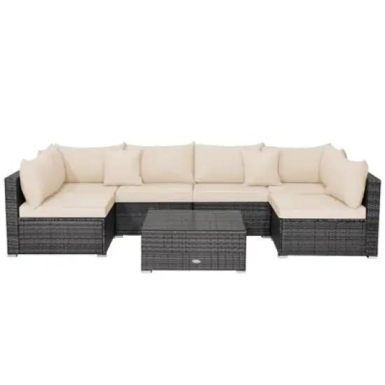 Tangkula Set of 7 Patio Wicker Furniture Set Outdoor Rattan Sectional Sofa with Seat & Back Cushions 2 Throw Pillows Mix Grey & Beige image {5}