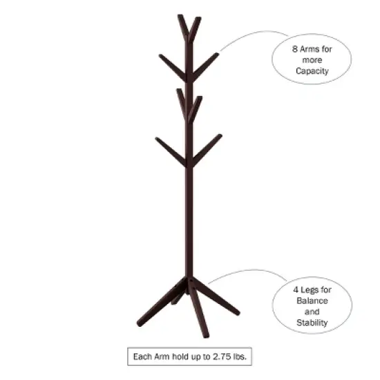 Hastings Home Modern Freestanding Wooden Coat Rack - Hall Tree for Jackets, Hats, and Purses image {2}
